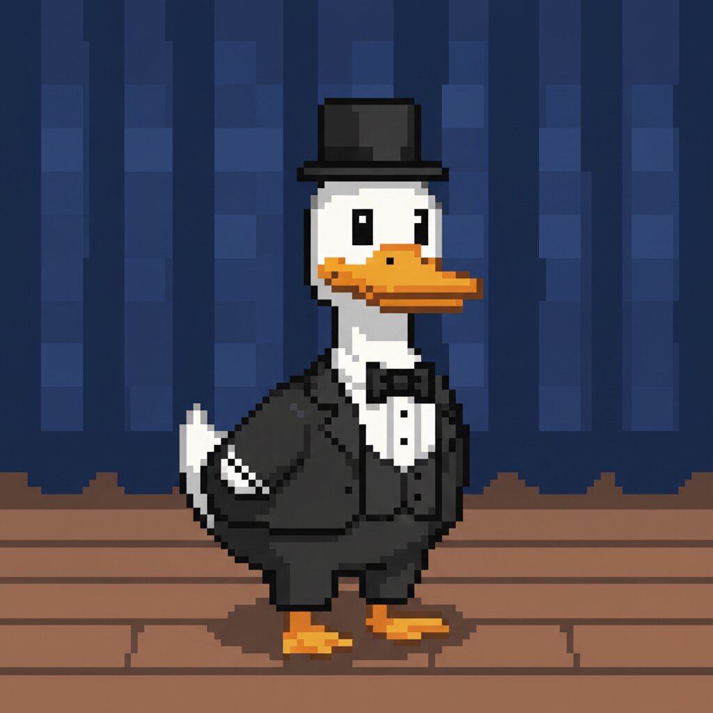 8-bit pixel art &mdash; a duck wearing a tuxedo &mdash; generated image
