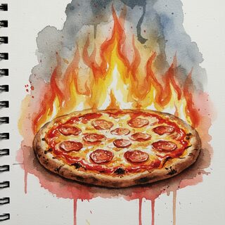 watercolor sketchbook &mdash; a pizza on fire
