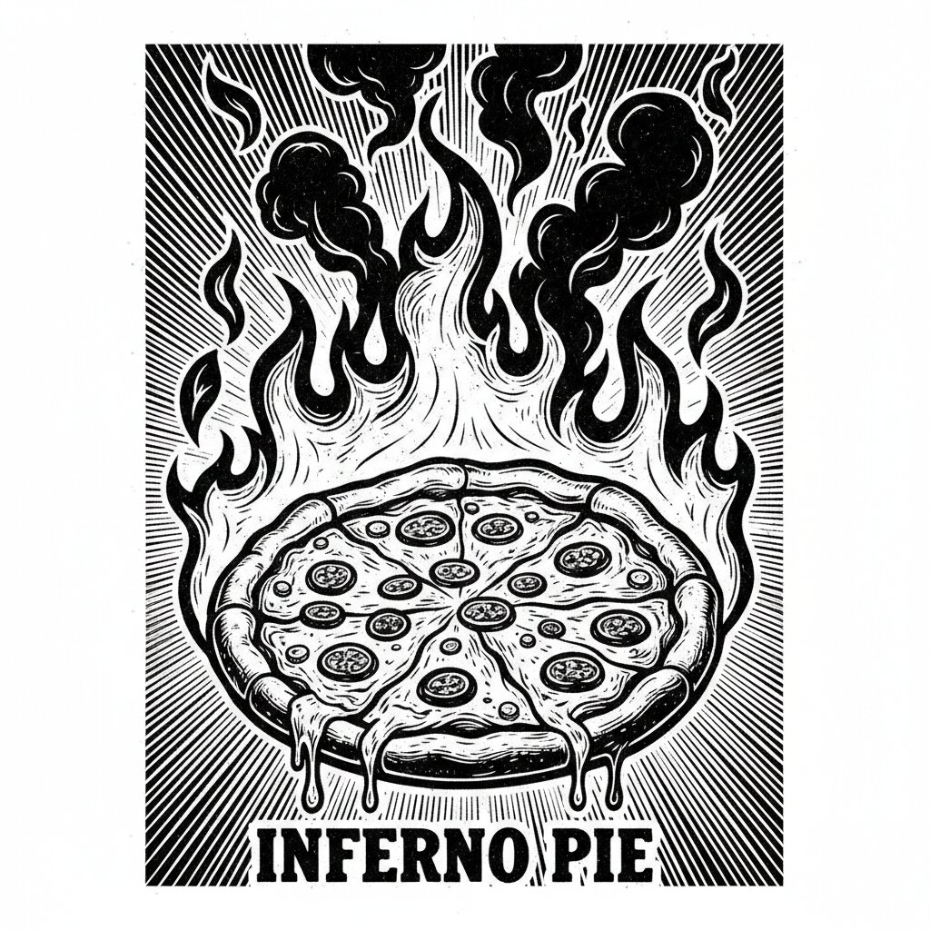 woodcut block print &mdash; a pizza on fire &mdash; generated image