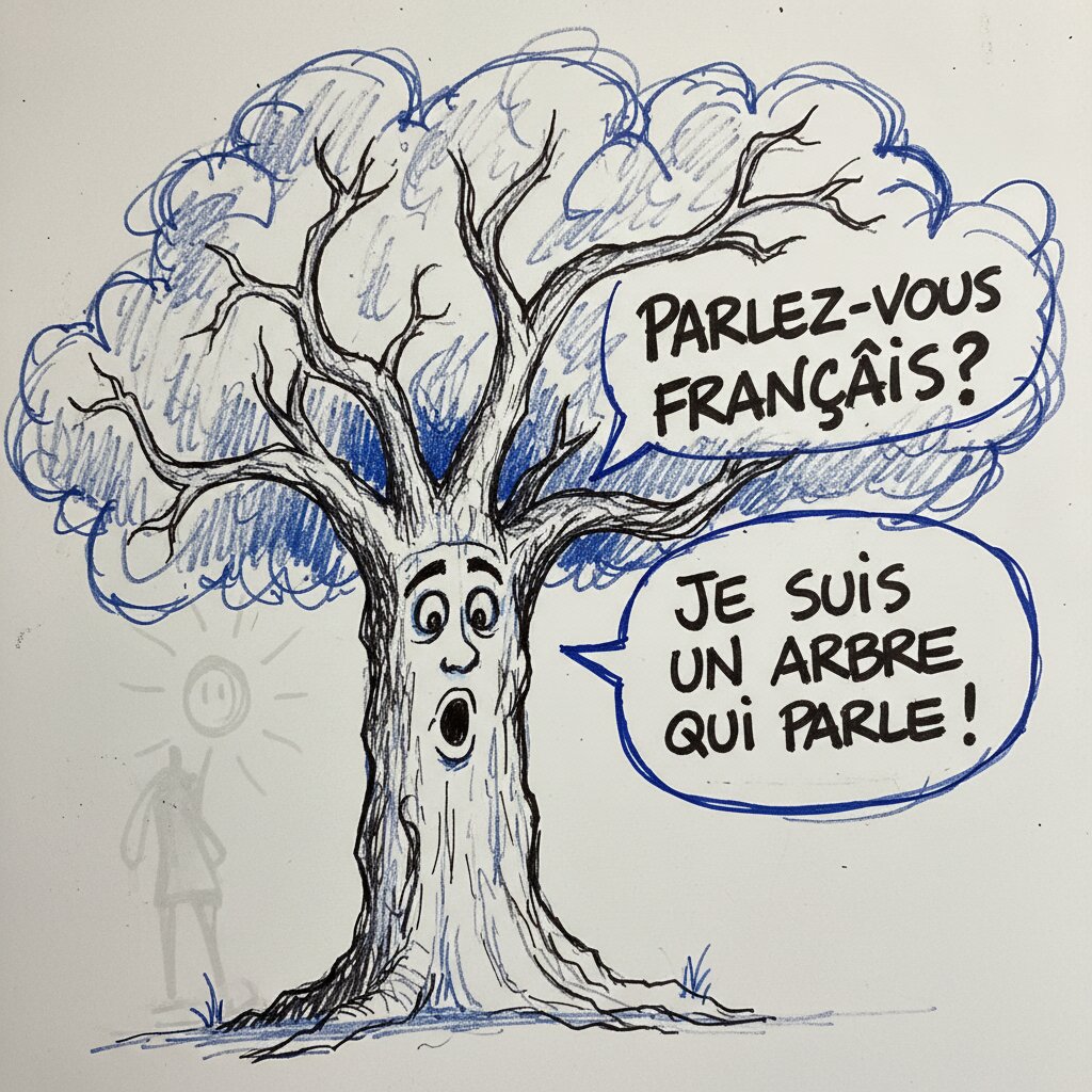 whiteboard &mdash; A Tree Speaking Untranslated French &mdash; generated image
