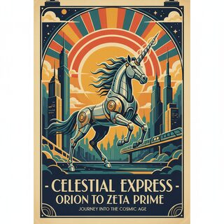 Art Deco travel poster &mdash; a unicorn who is actually a robot