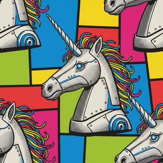 pop art silkscreen &mdash; a unicorn who is actually a robot