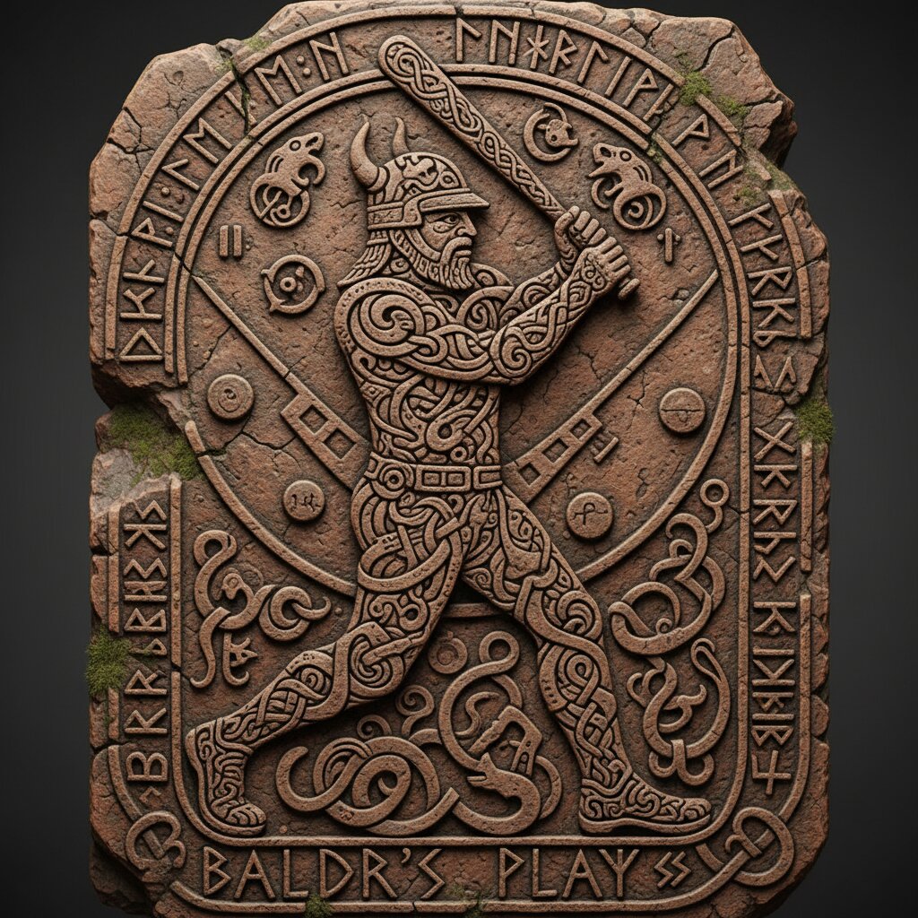 Norse Runic Carving &mdash; Baseball Player &mdash; generated image