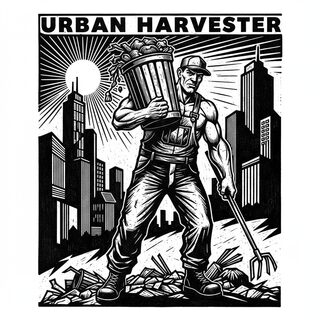 woodcut block print &mdash; garbage man
