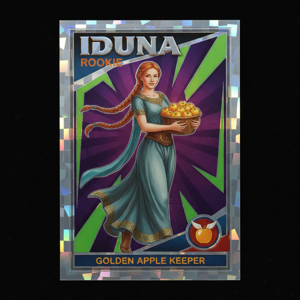 1990s glossy rookie card &mdash; Iduna and Her Golden Apples &mdash; generated image