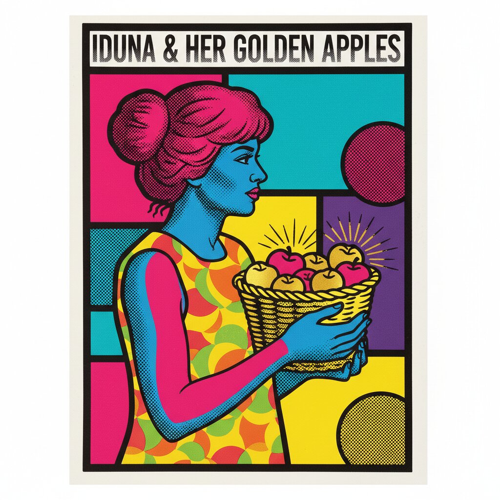 pop art silkscreen &mdash; Iduna and Her Golden Apples &mdash; generated image