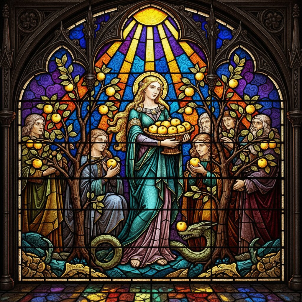 stained glass &mdash; Iduna and Her Golden Apples &mdash; generated image