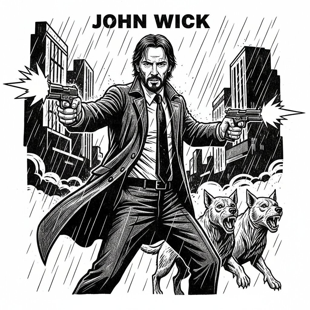 woodcut block print &mdash; John Wick &mdash; generated image