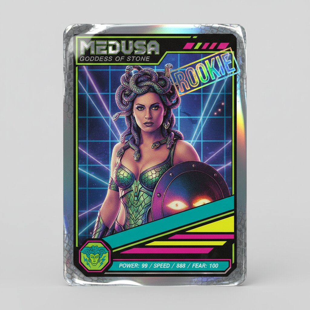 1990s glossy rookie card &mdash; Medusa &mdash; generated image