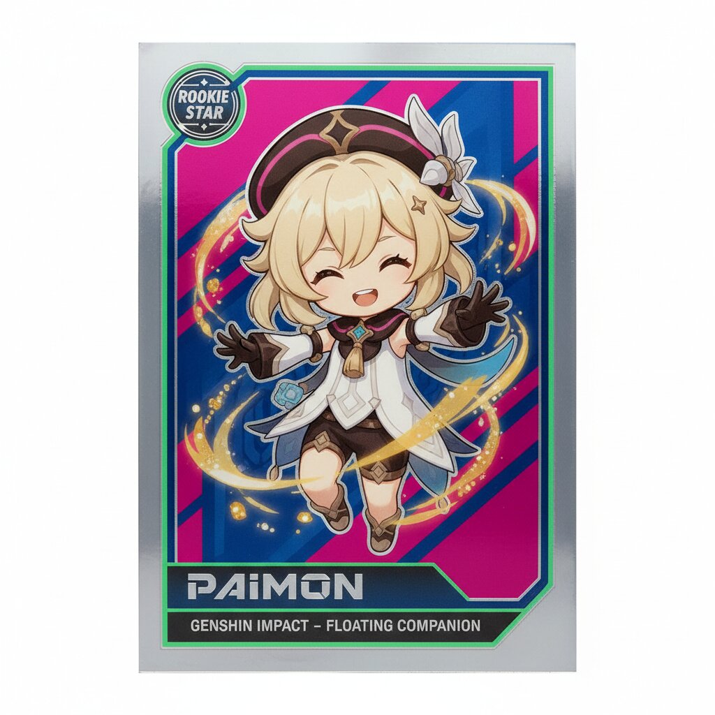 1990s glossy rookie card &mdash; Paimon &mdash; generated image