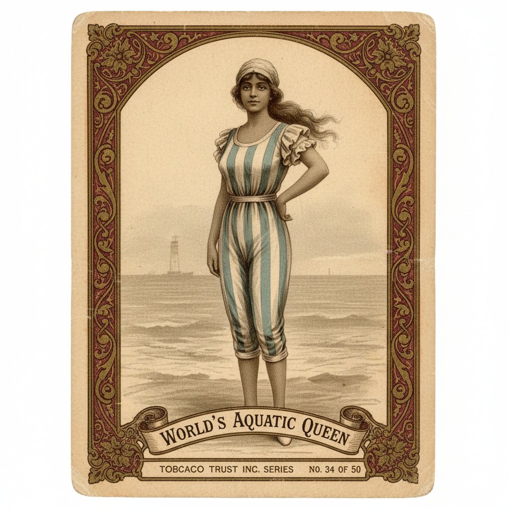 1910s tobacco card &mdash; racially ambiguous swimsuit model &mdash; generated image