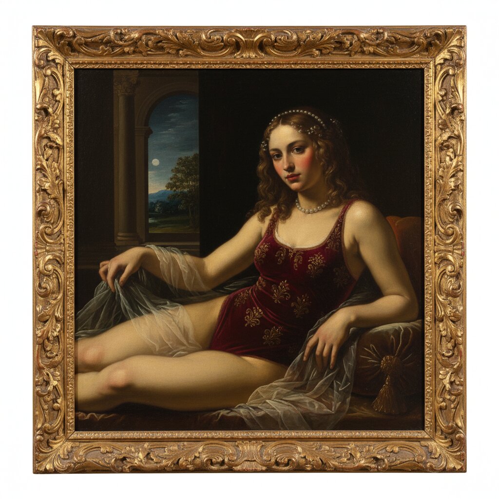 Renaissance oil painting &mdash; racially ambiguous swimsuit model &mdash; generated image