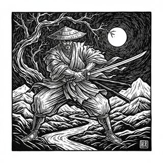 woodcut block print &mdash; Ronin